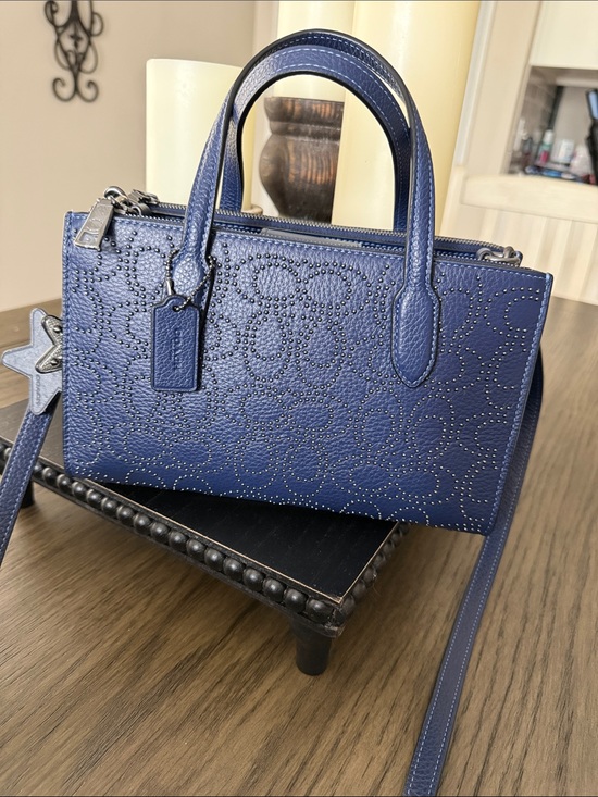 Coach Handbags - Coach Navy Perforated Signature Leather Satchel with Star Charm
